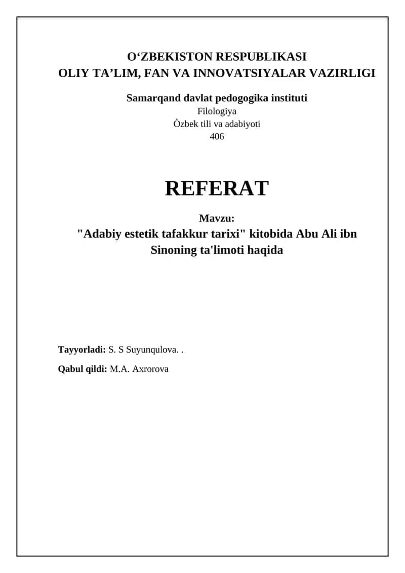 "Adabiy estetik fikr tarixi" kitobida Abu Ali ibn Sinoning ta'limoti haqida