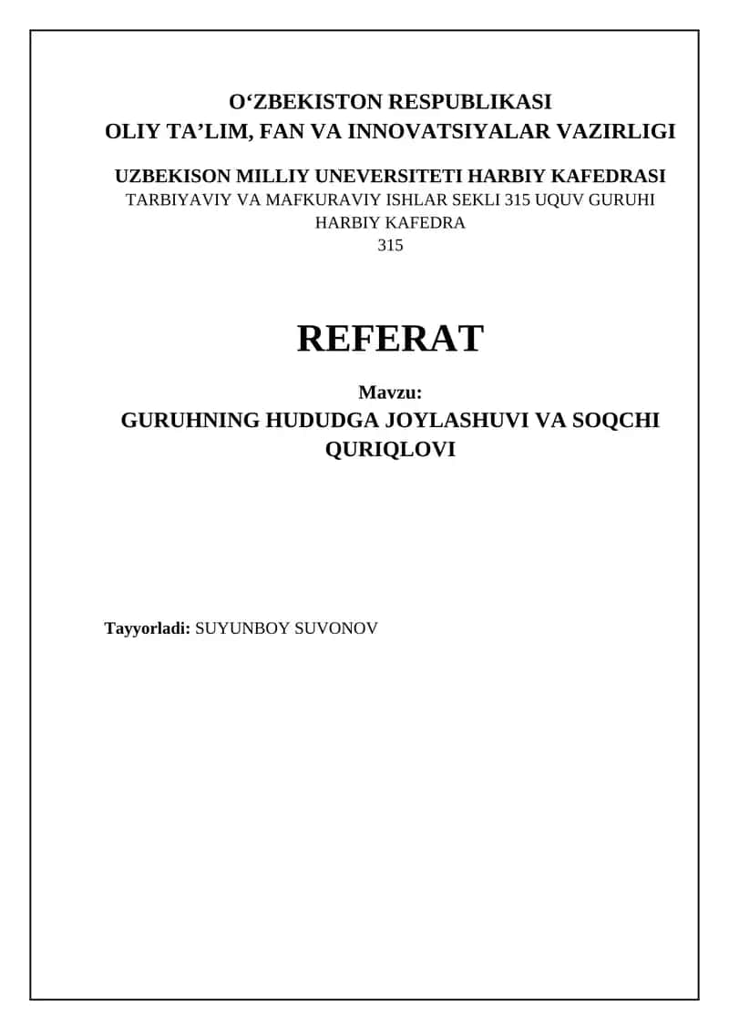 GURUHNING HUDUDGA JOYLASHUVI VA SOQCHI QURIQLOVI