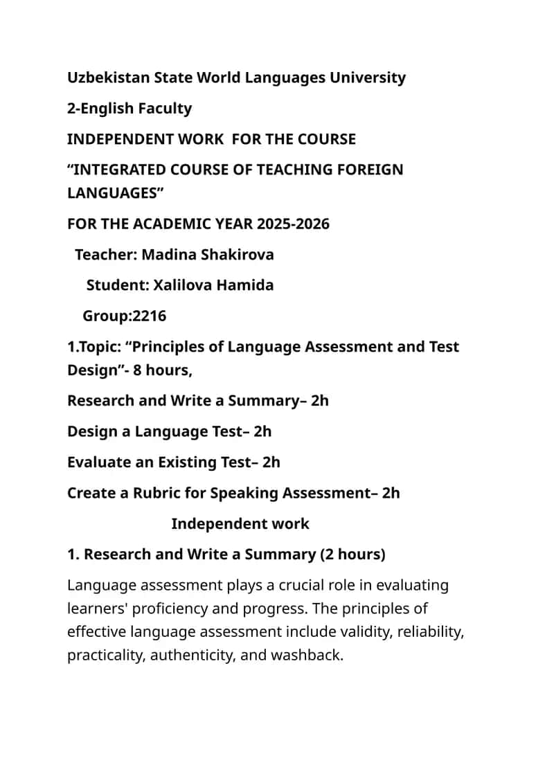 Principles of Language Assessment and Test Design