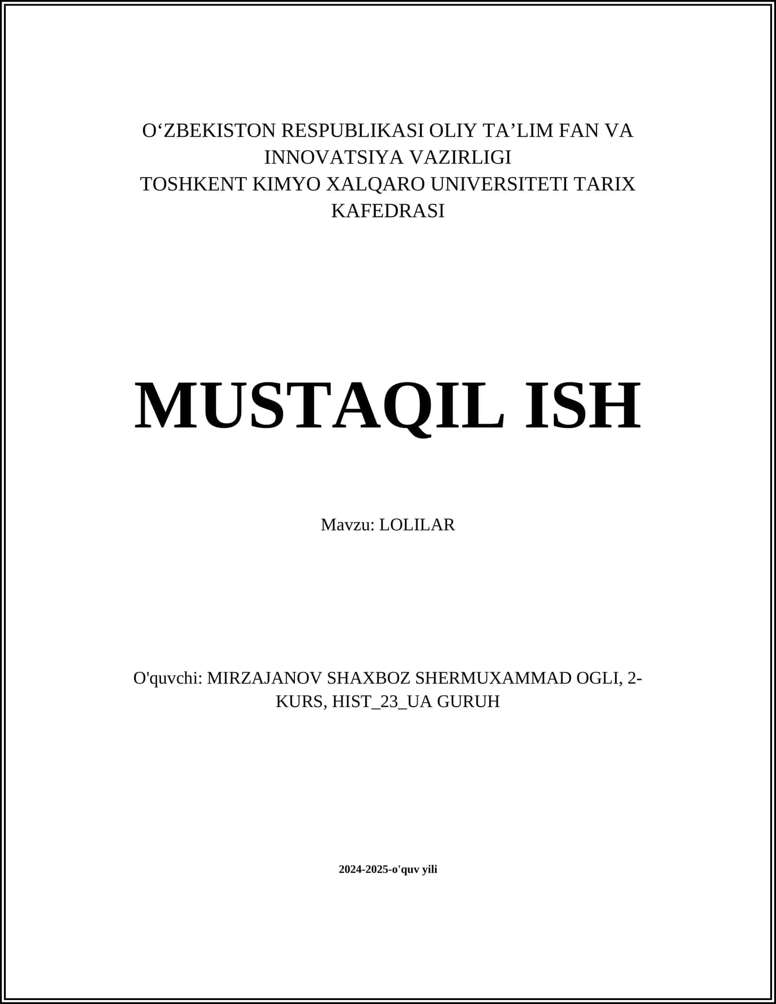 MUSTAQIL ISH Mavzu: LOLILAR