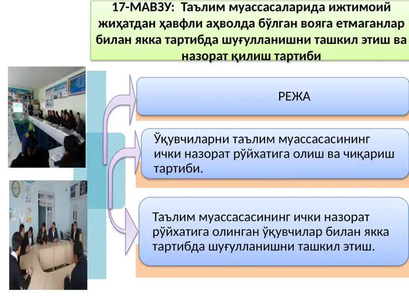 Таълим муассасаларида ижтимоий жиҳатдан ҳавфли аҳволда бўлган вояга етмаганлар билан якка тартибда шуғулланишни ташкил этиш ва назорат қилиш тартиби