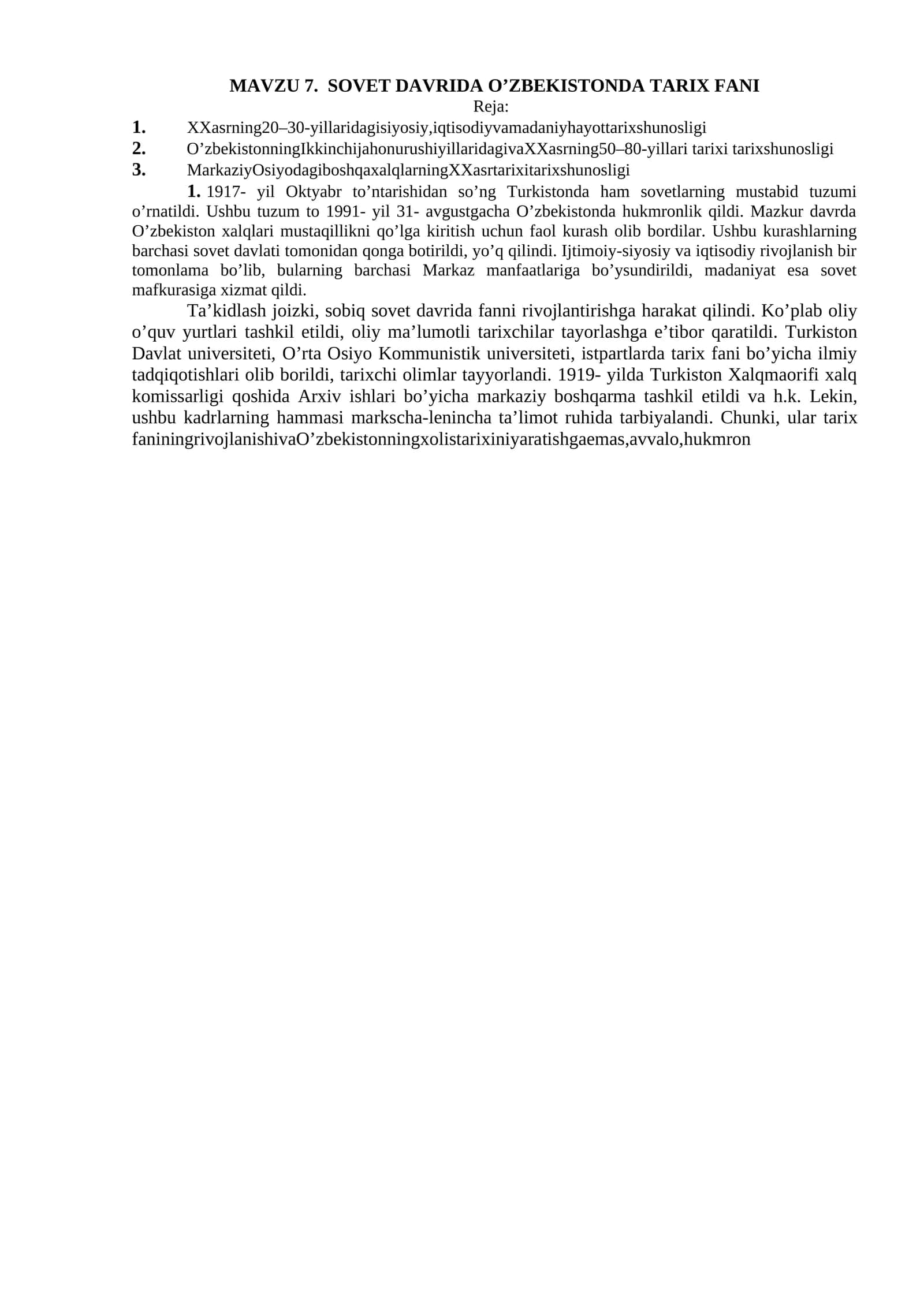 SOVET DAVRIDA O’ZBEKISTONDA TARIX FANI