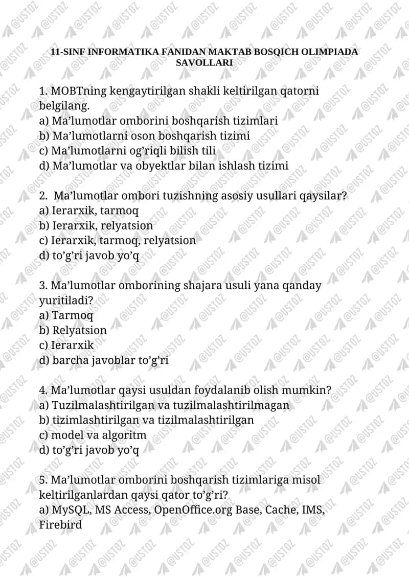 11-SINF INFORMATIKA FANIDAN MAKTAB BOSQICH OLIMPIADA SAVOLLARI