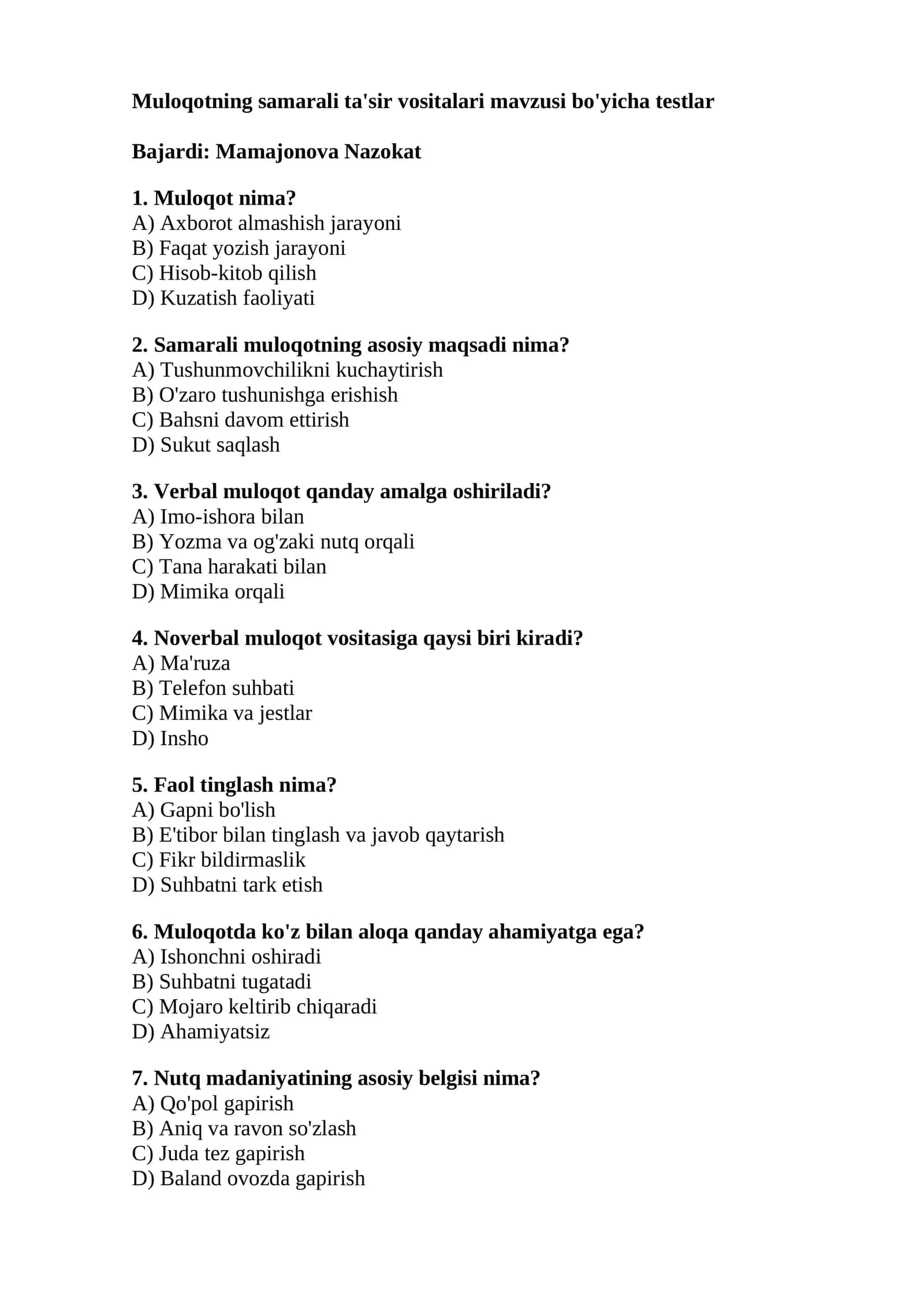 Muloqotning samarali ta'sir vositalari mavzusi bo'yicha testlar