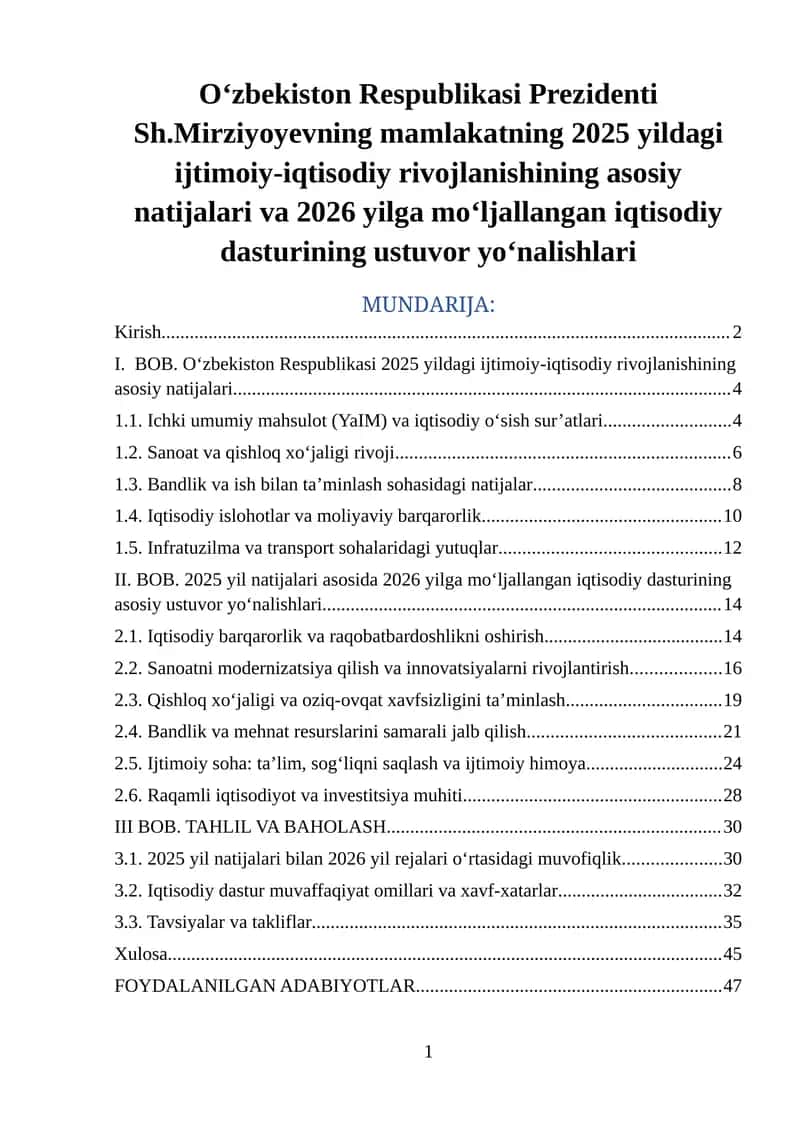 Mavzu II. BOB. 2025 yil natijalari asosida 2026 yilga mo‘ljallangan iqtisodiy dasturining asosiy ustuvor yo‘nalishlari