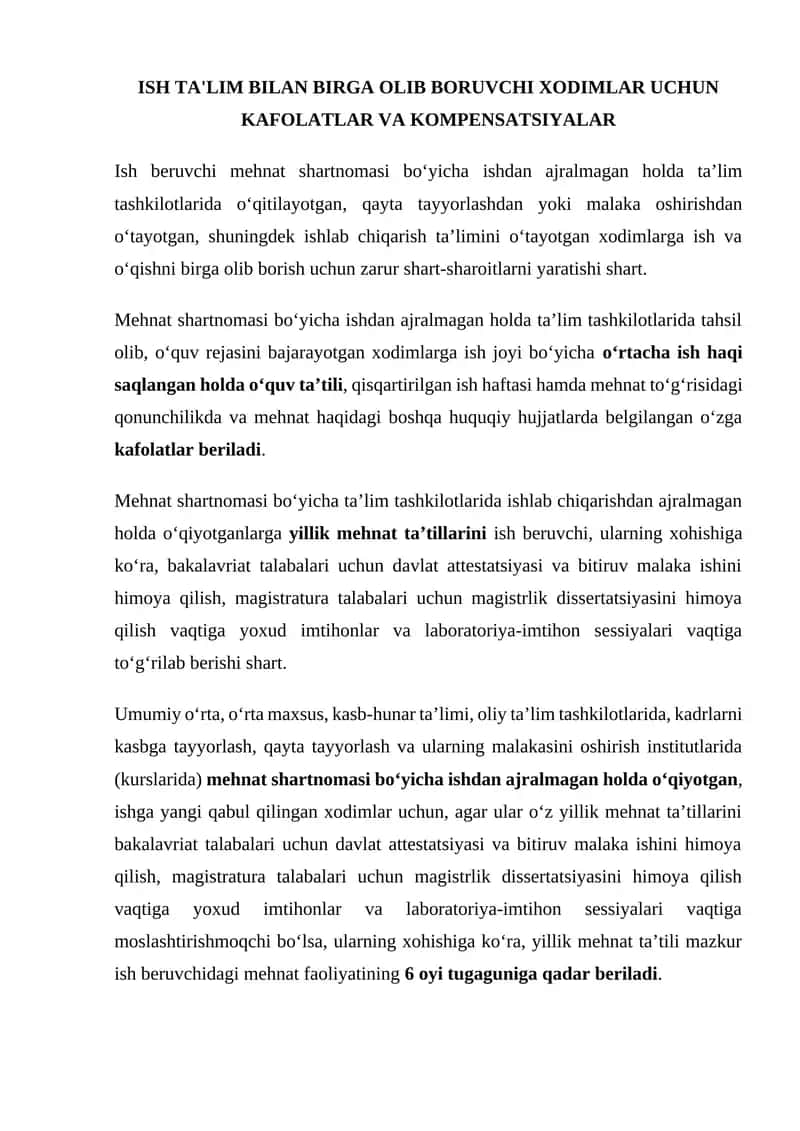 Ish ta'lim bilan birga olib boruvchi xodimlar uchun kafolatlar va kompensatsiyalar