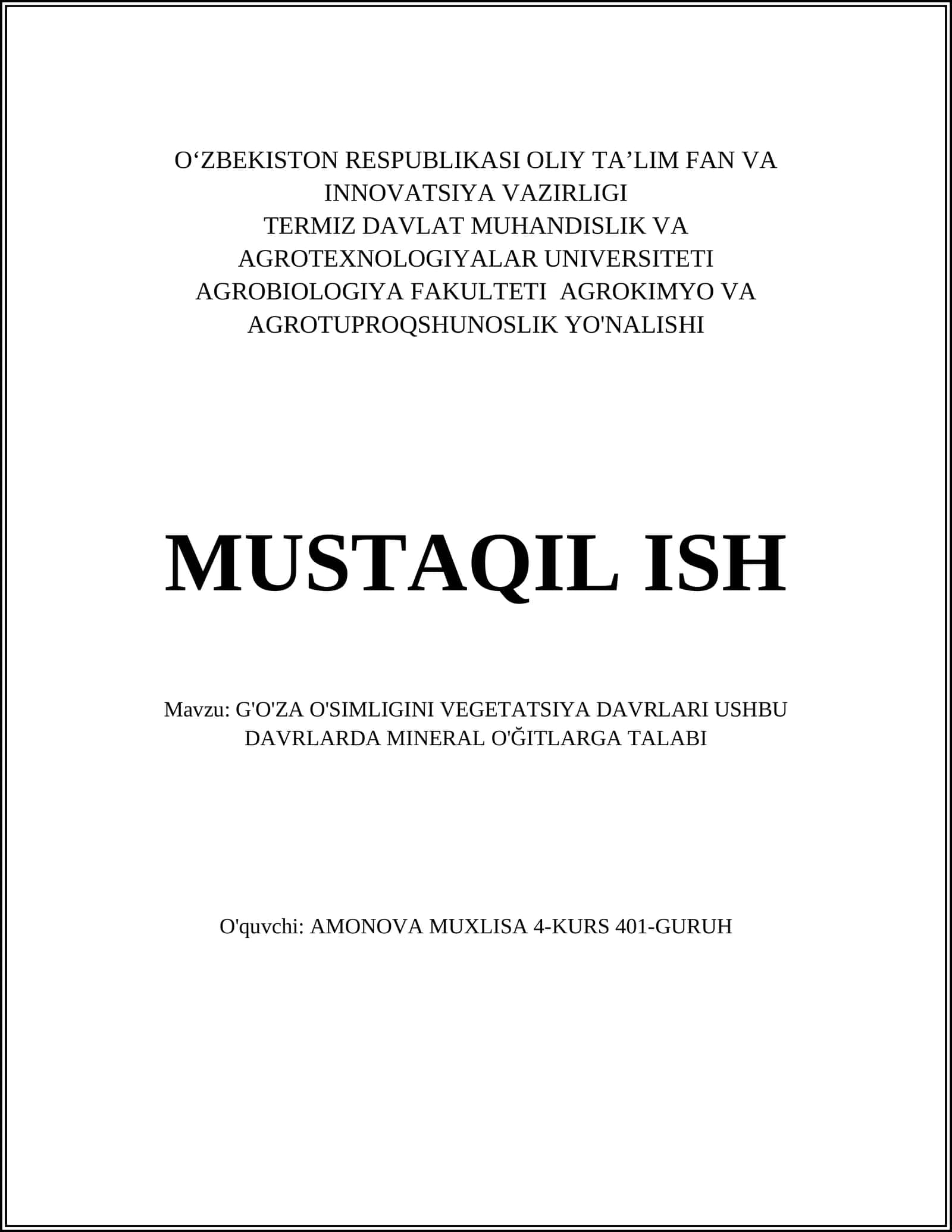 G'O'ZA O'SIMLIGINI VEGETATSIYA DAVRLARI USHBU DAVRLARDA MINERAL O'ĞITLARGA TALABI