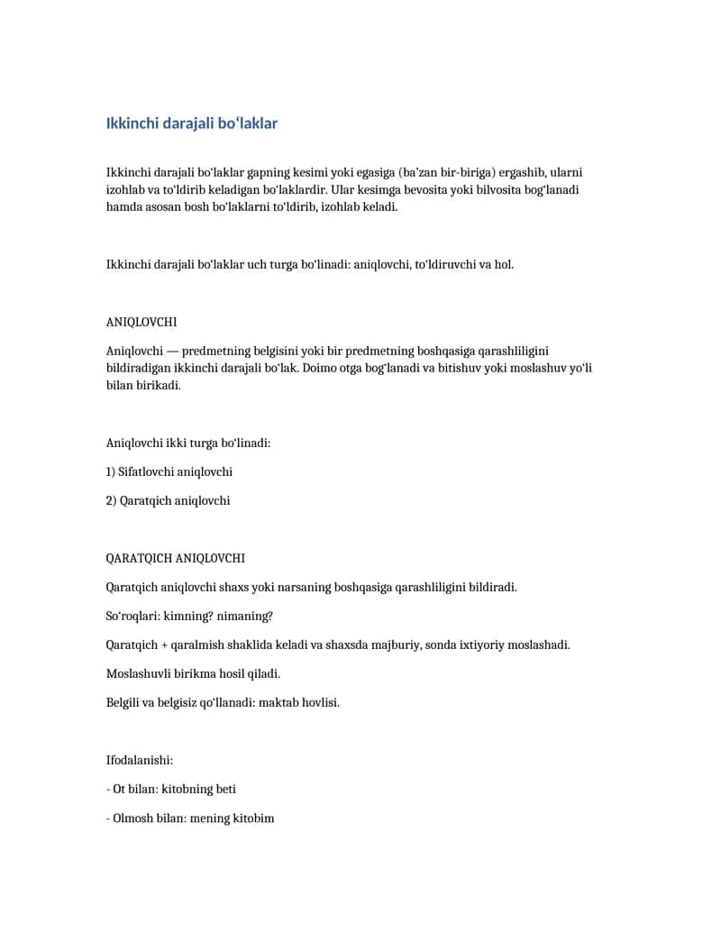 Ikkinchi darajali bo‘laklar