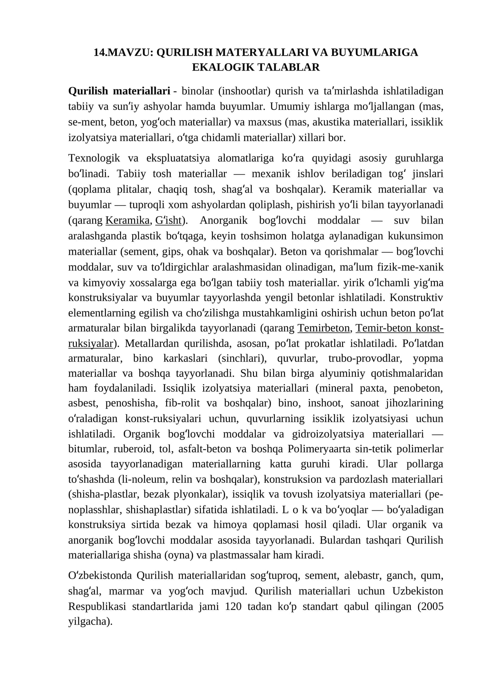 QURILISH MATERYALLARI VA BUYUMLARIGA EKALOGIK TALABLAR