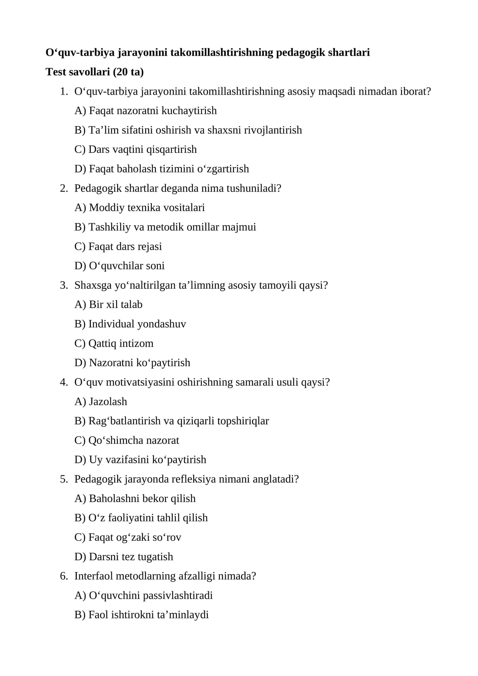 O‘quv-tarbiya jarayonini takomillashtirishning pedagogik shartlari
