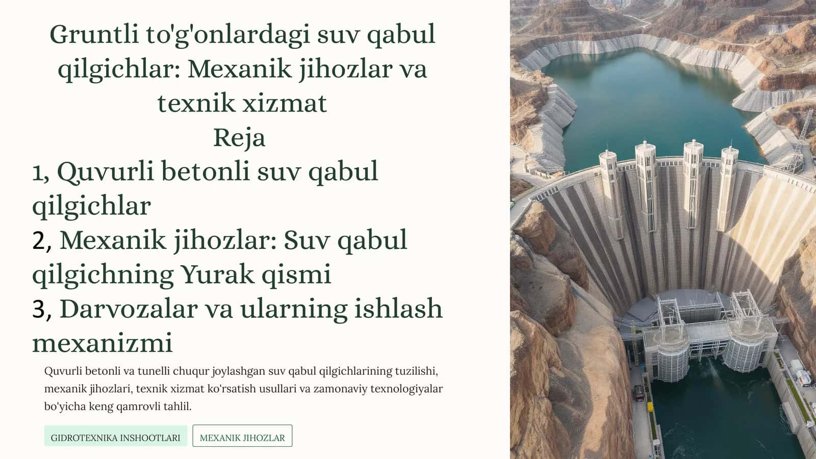 Gruntli to'g'onlardagi suv qabul qilgichlar