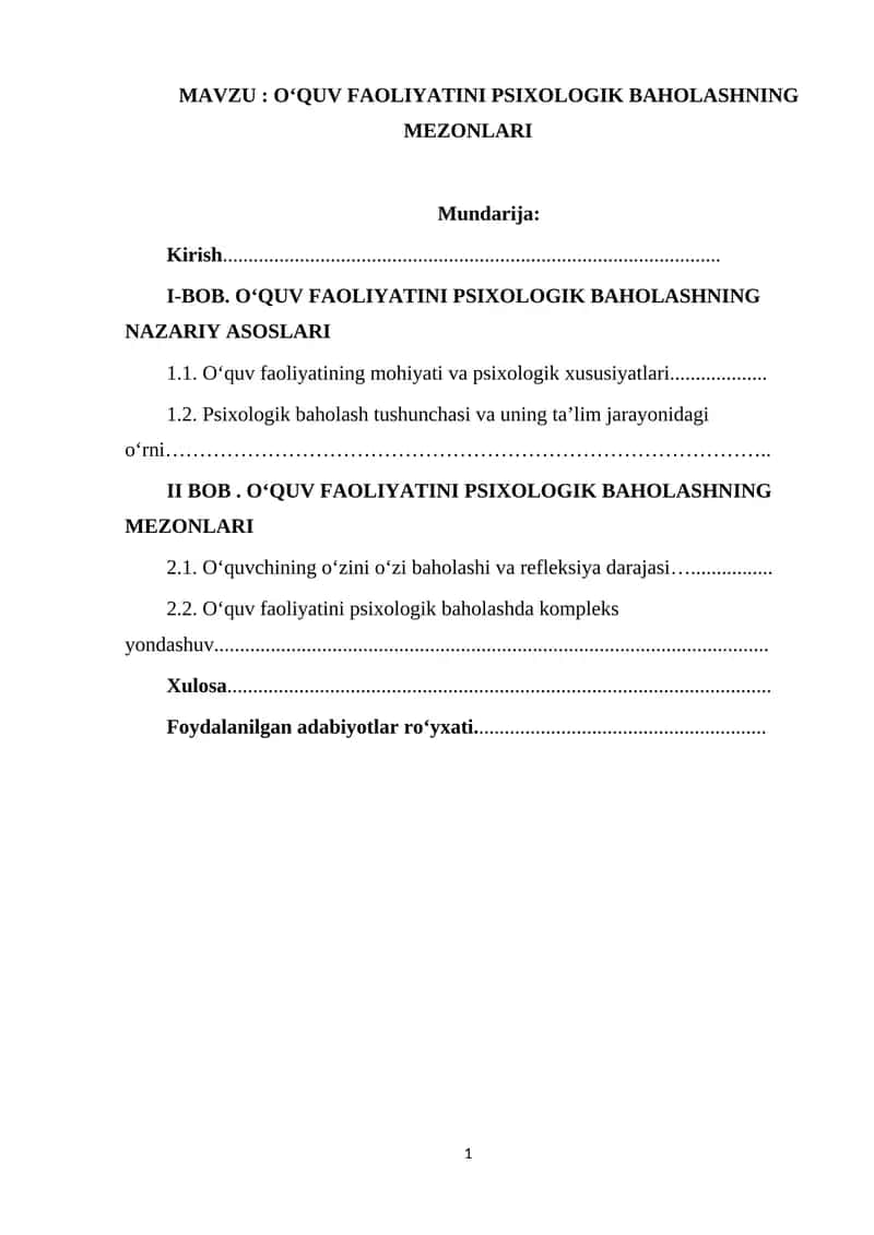 O‘QUV FAOLIYATINI PSIXOLOGIK BAHOLASHNING MEZONLARI