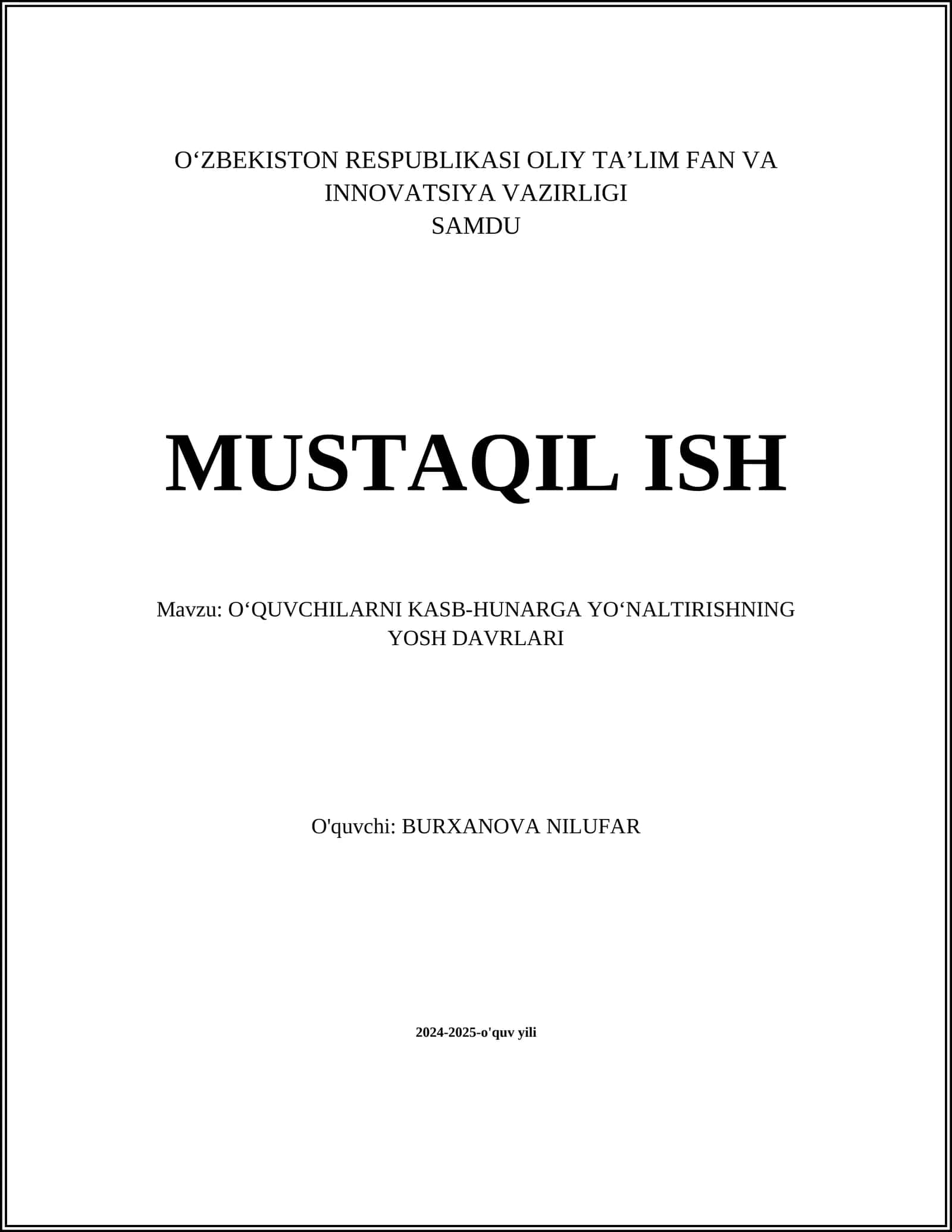 Maktabgacha Yoshdagi Bolalar va Kasb-Hunar Tanlash