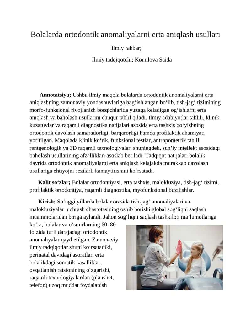 Bolalarda ortodontik anomaliyalarni erta aniqlash usullari
