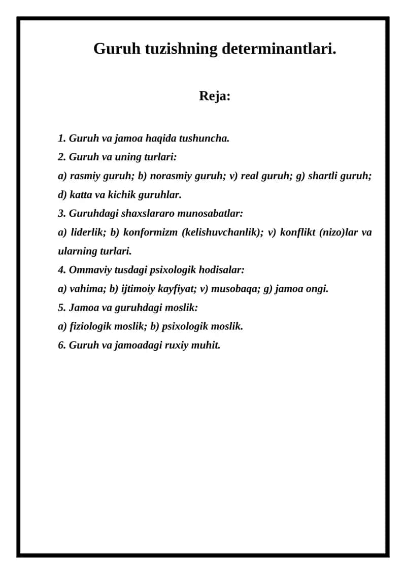 Guruh tuzishning determinantlari
