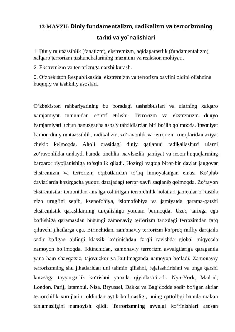 Diniy fundamentalizm, radikalizm va terrorizmning tarixi va yo`nalishlari