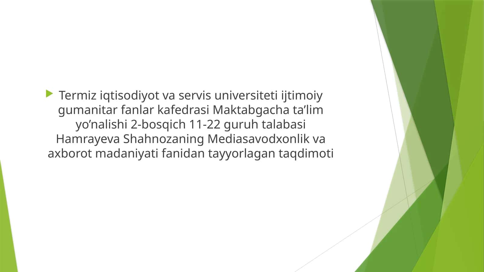 Mediasavodxonlik va axborot madaniyati fanidan tayyorlagan taqdimoti