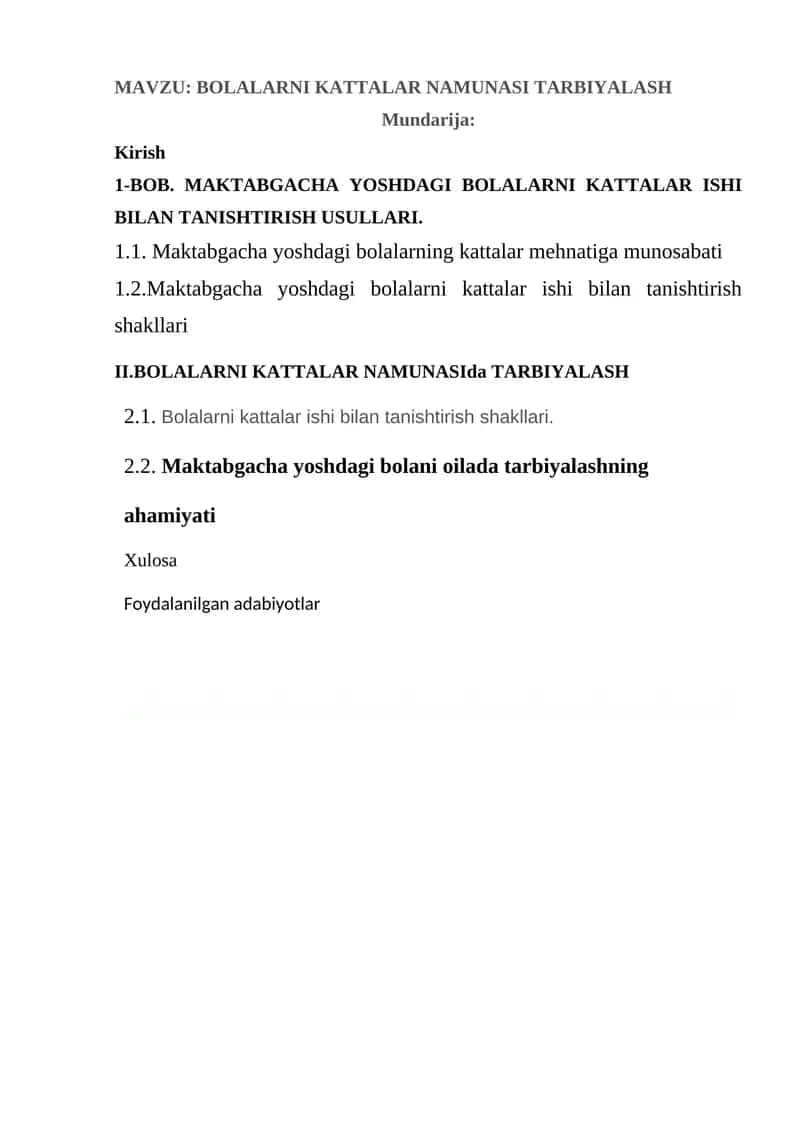 BOLALARNI KATTALAR NAMUNASI TARBIYALASH