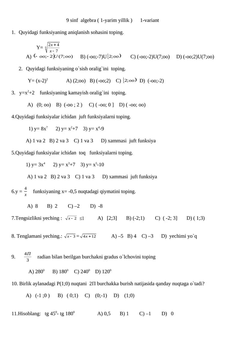 9 sinf algebra ( 1-yarim yillik ) 1-variant