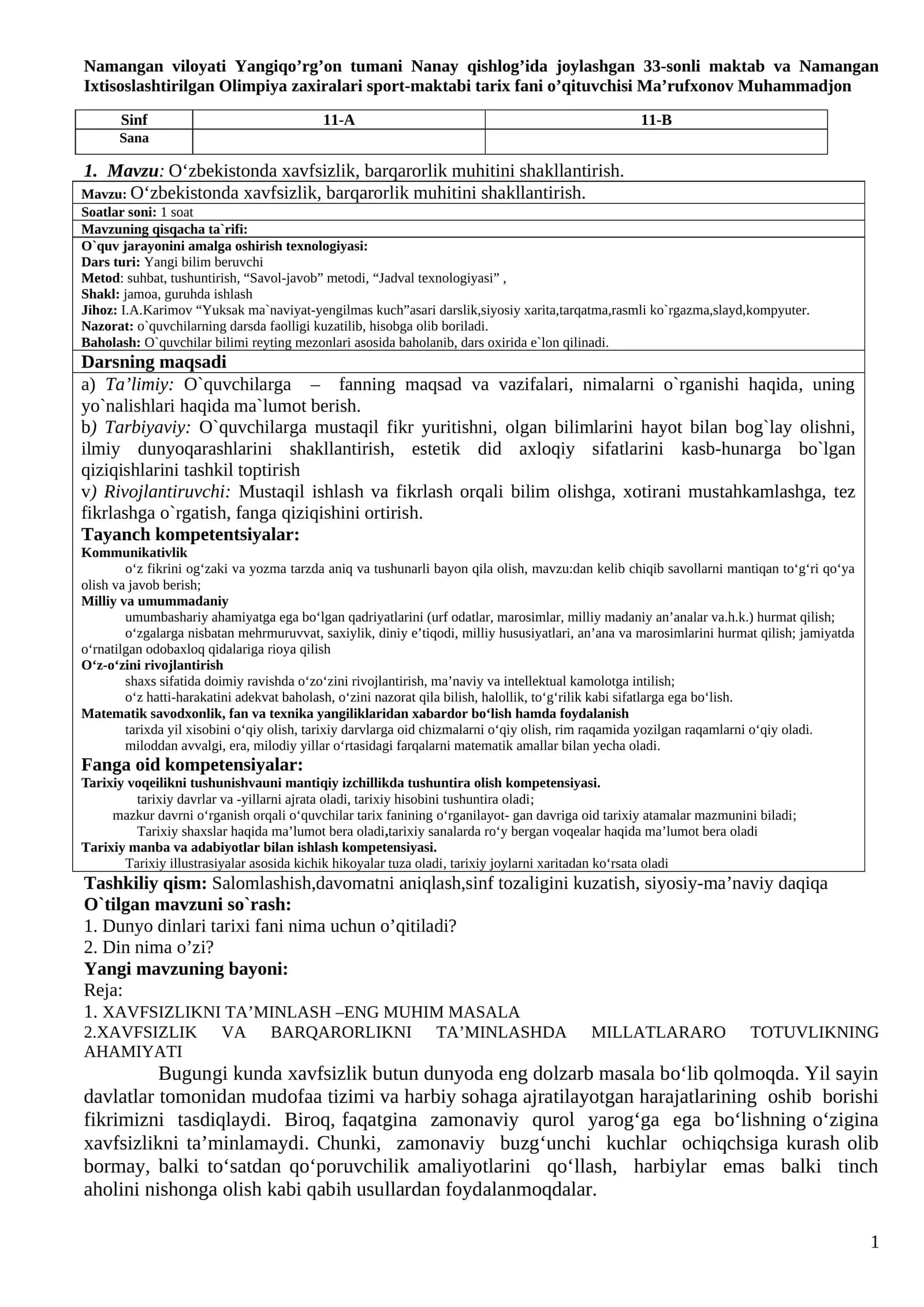 O‘zbekistonda xavfsizlik, barqarorlik muhitini shakllantirish