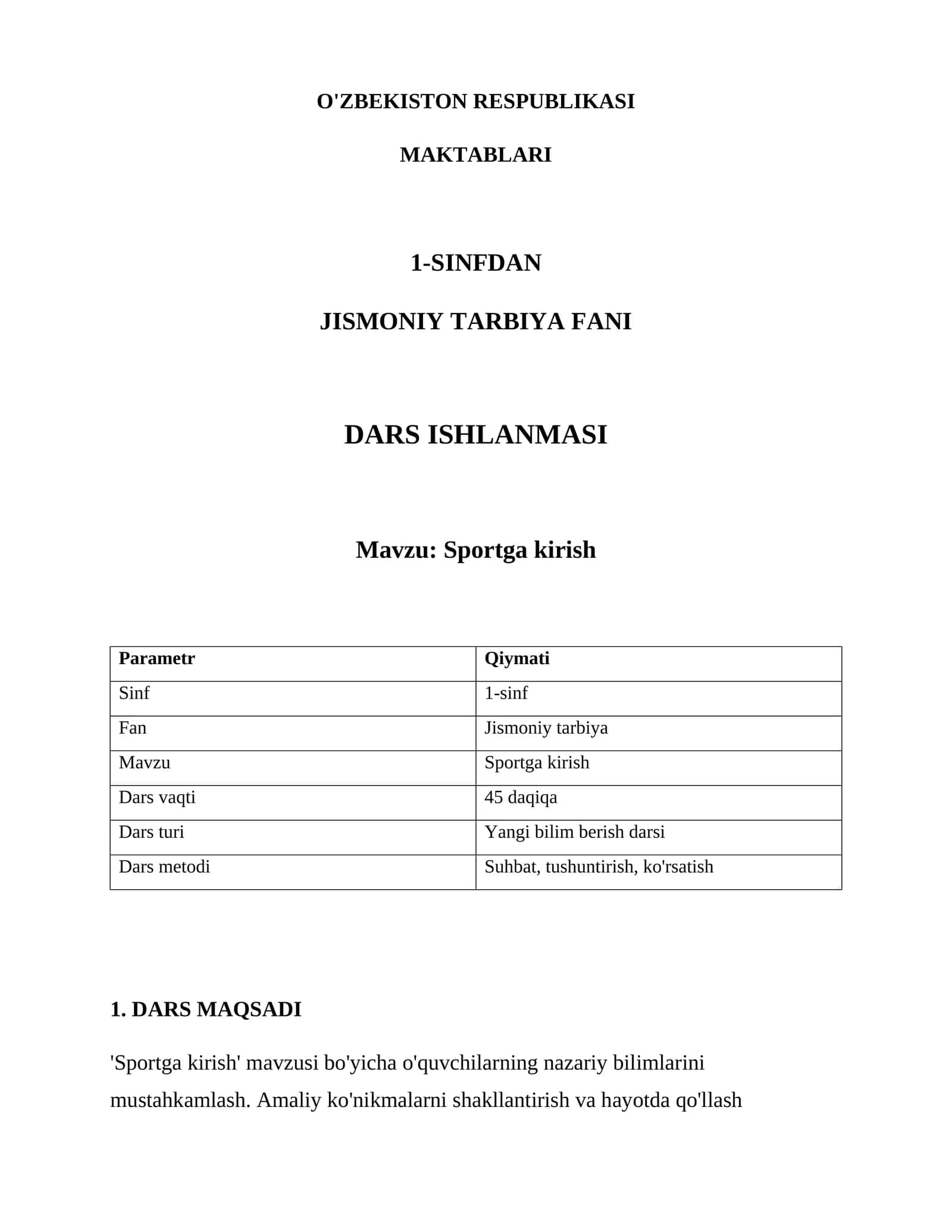 Jismoniy tarbiya fani DARS ISHLANMASI