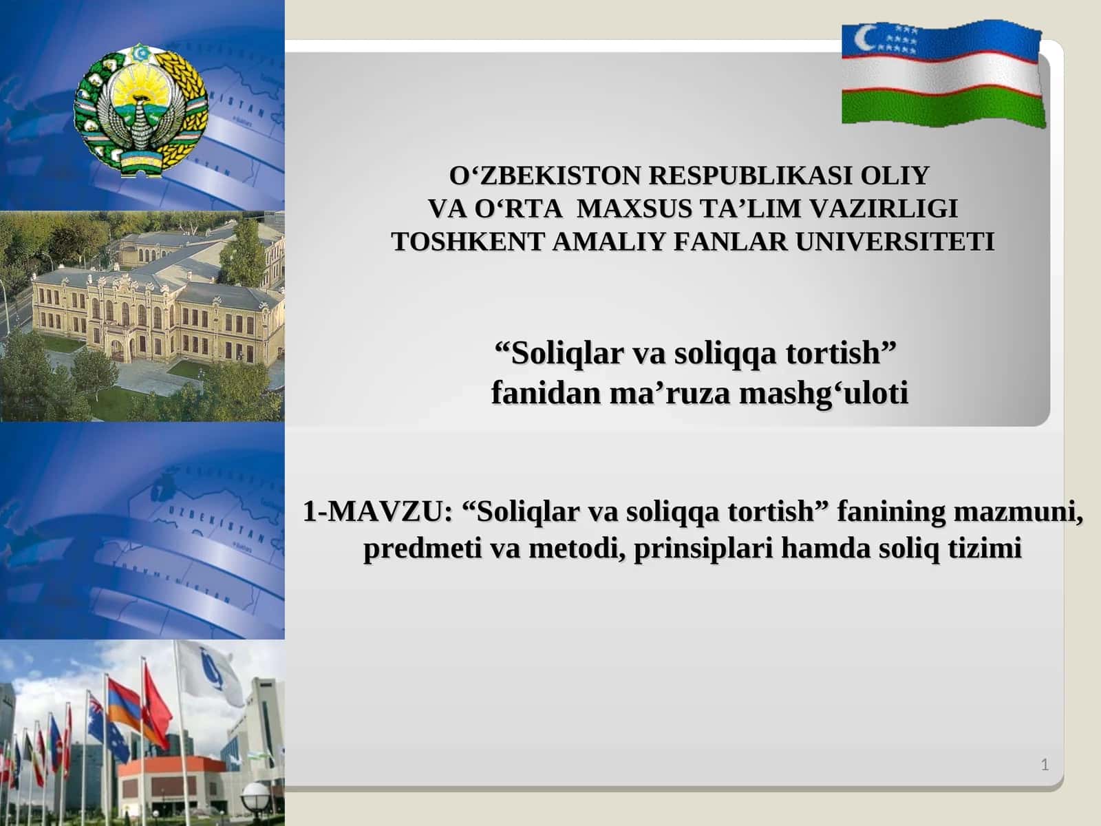 “Soliqlar va soliqqa tortish”fanidan maʼruza mashgʻuloti
