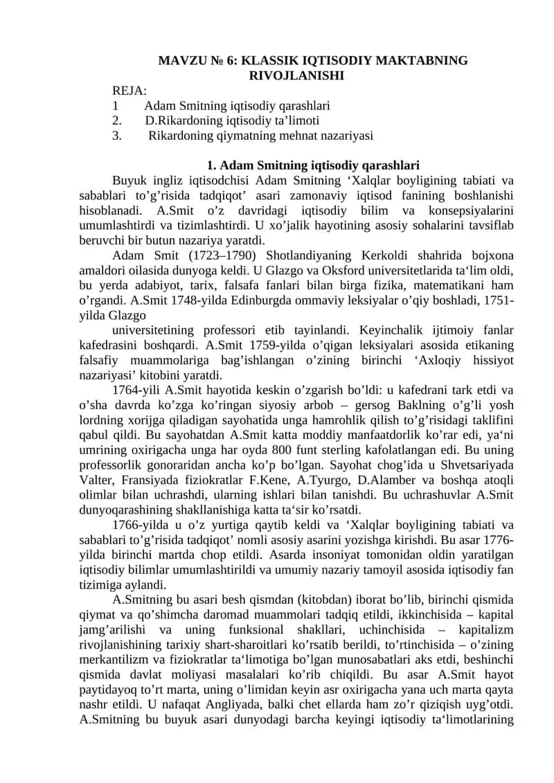 Adam Smitning iqtisodiy qarashlari