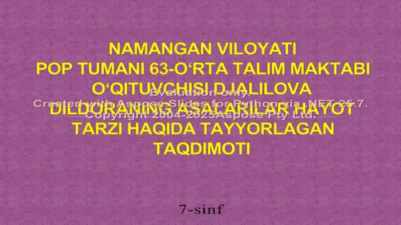 Namangan viloyati Pop tumani 63-o‘rta talim maktabi o‘qituvchisi Djalilova Dildoraning asalarilar hayot tarzi haqida tayyorlagan taqdimoti