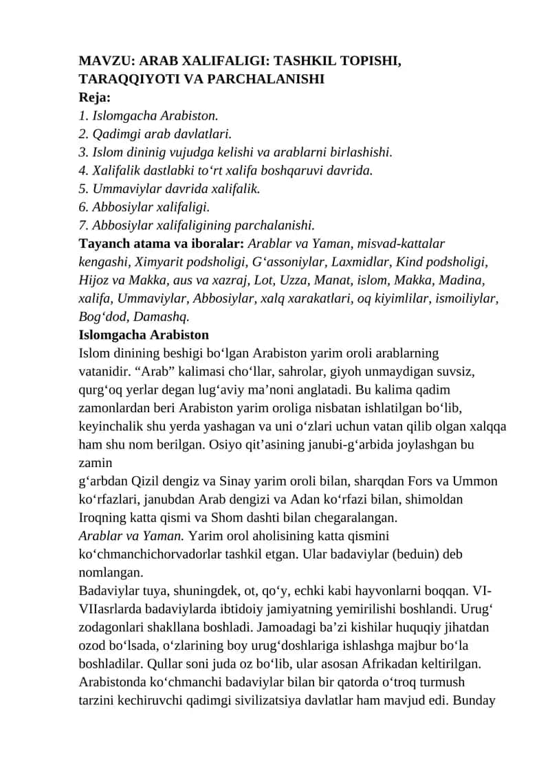 ARAB XALIFALIGI: TASHKIL TOPISHI, TARAQQIYOTI VA PARCHALANISHI