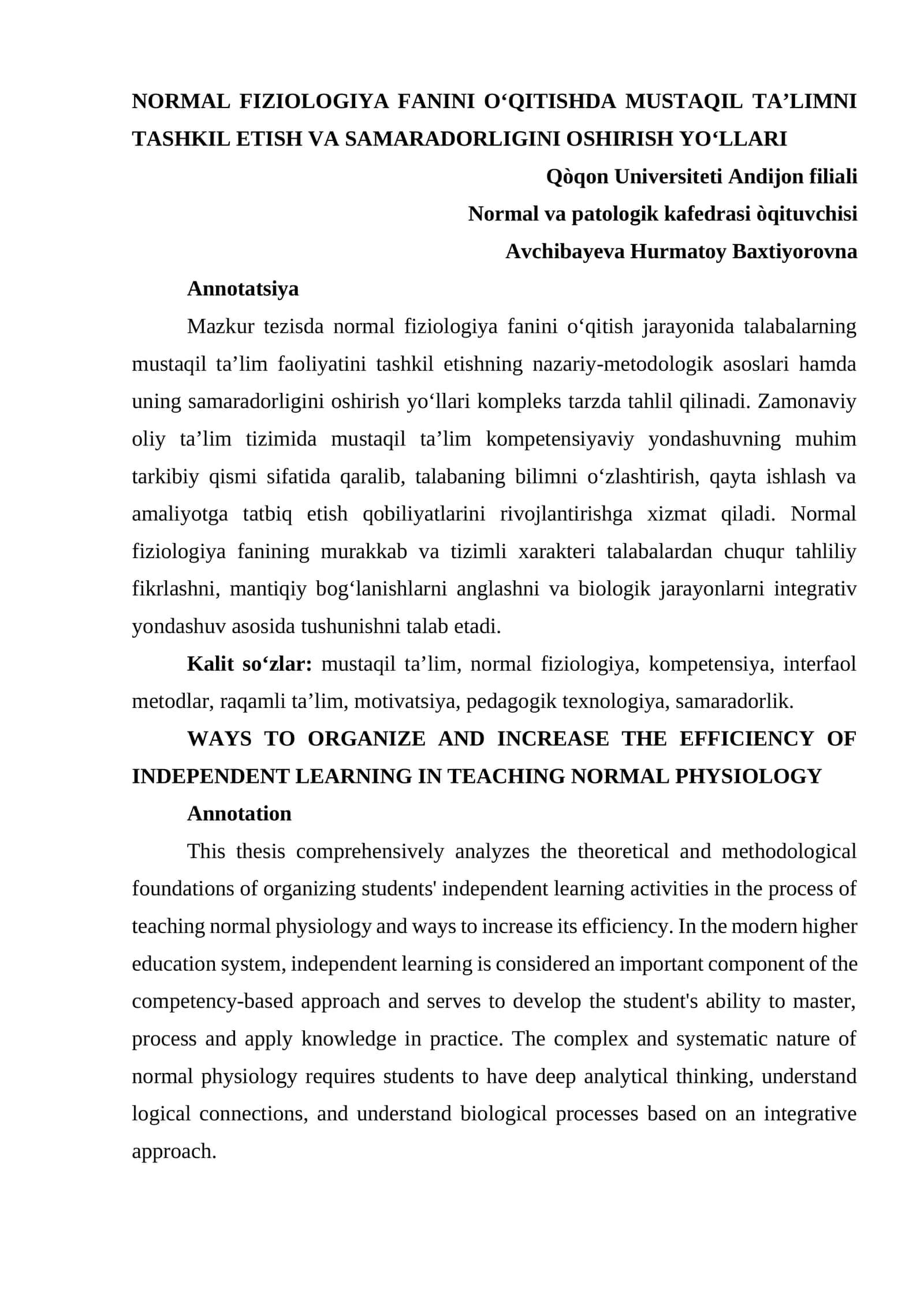 NORMAL FIZIOLOGIYA FANINI O‘QITISHDA MUSTAQIL TA’LIMNI TASHKIL ETISH VA SAMARADORLIGINI OSHIRISH YO‘LLARI