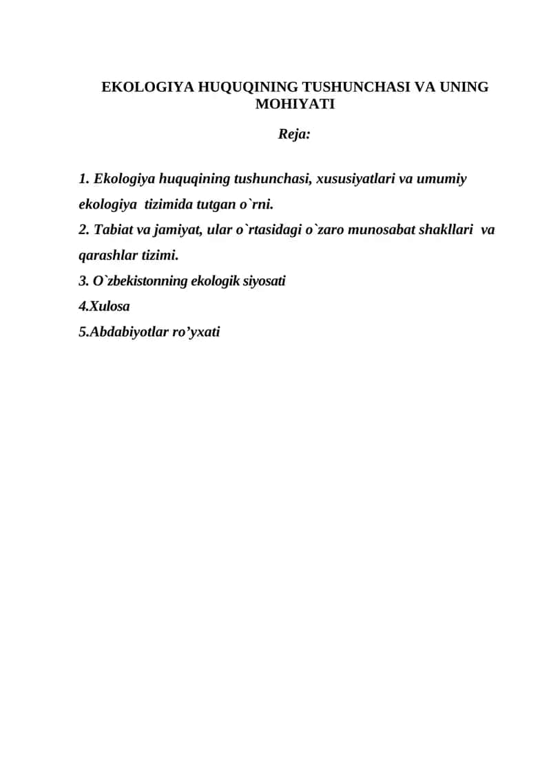 EKOLOGIYA HUQUQINING TUSHUNCHASI VA UNING MOHIYATI