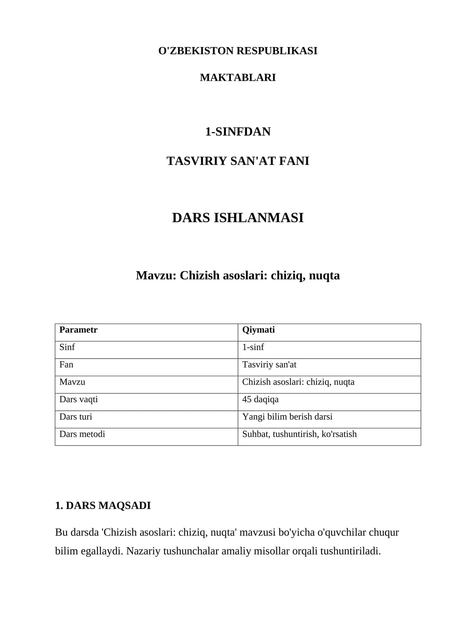 TASVIRIY SAN'AT FANI DARS ISHLANMASI