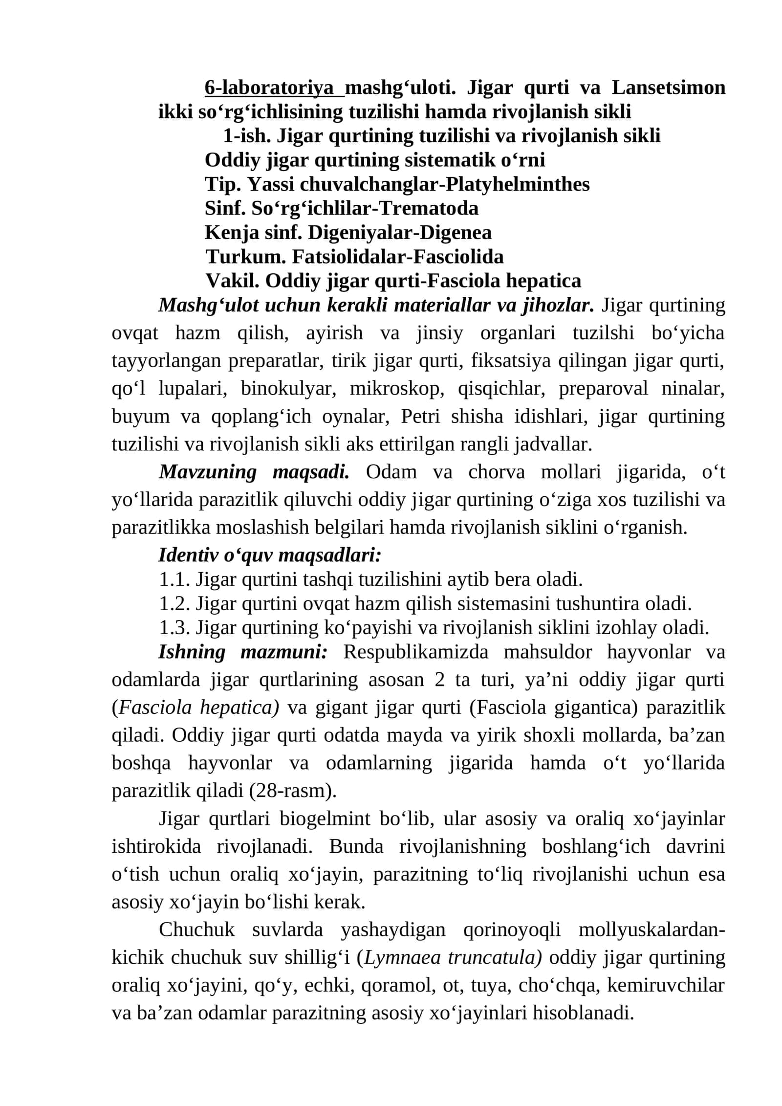 Jigаr qurtining tuzilishi vа rivоjlаnish sikli