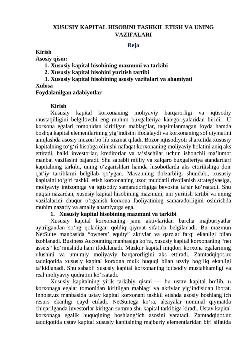 XUSUSIY KAPITAL HISOBINI TASHKIL ETISH VA UNING VAZIFALARI