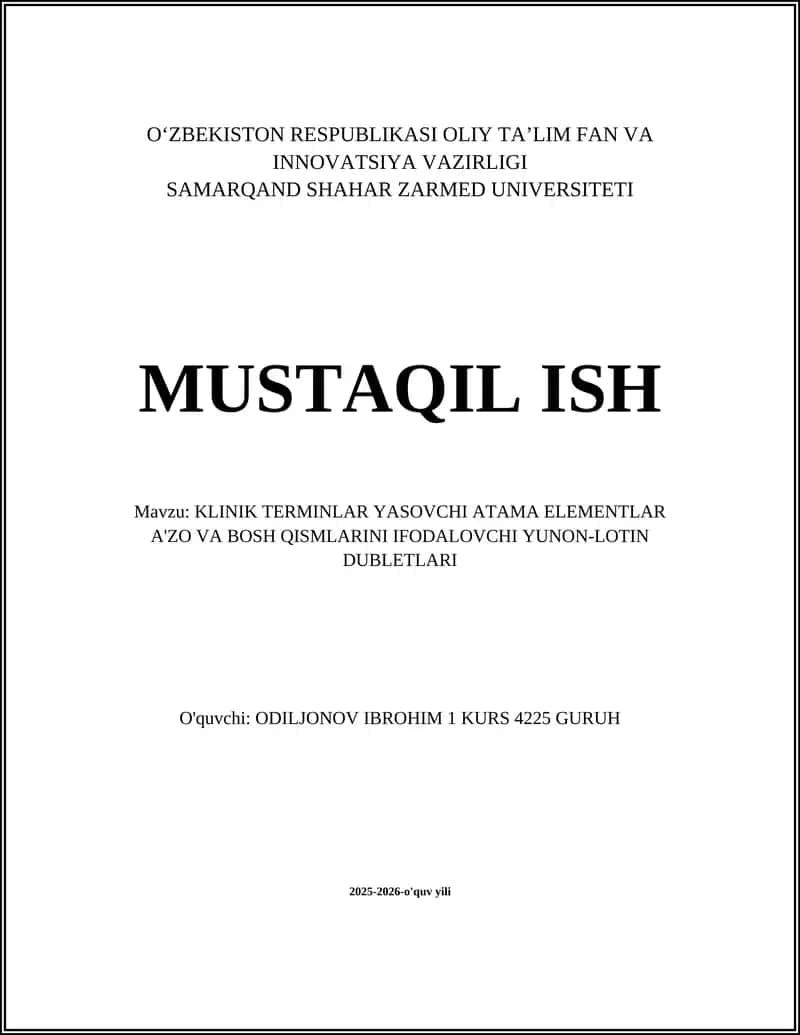 KLINIK TERMINLAR YASOVCHI ATAMA ELEMENTLAR A'ZO VA BOSH QISMLARINI IFODALOVCHI YUNON-LOTIN DUBLETLARI