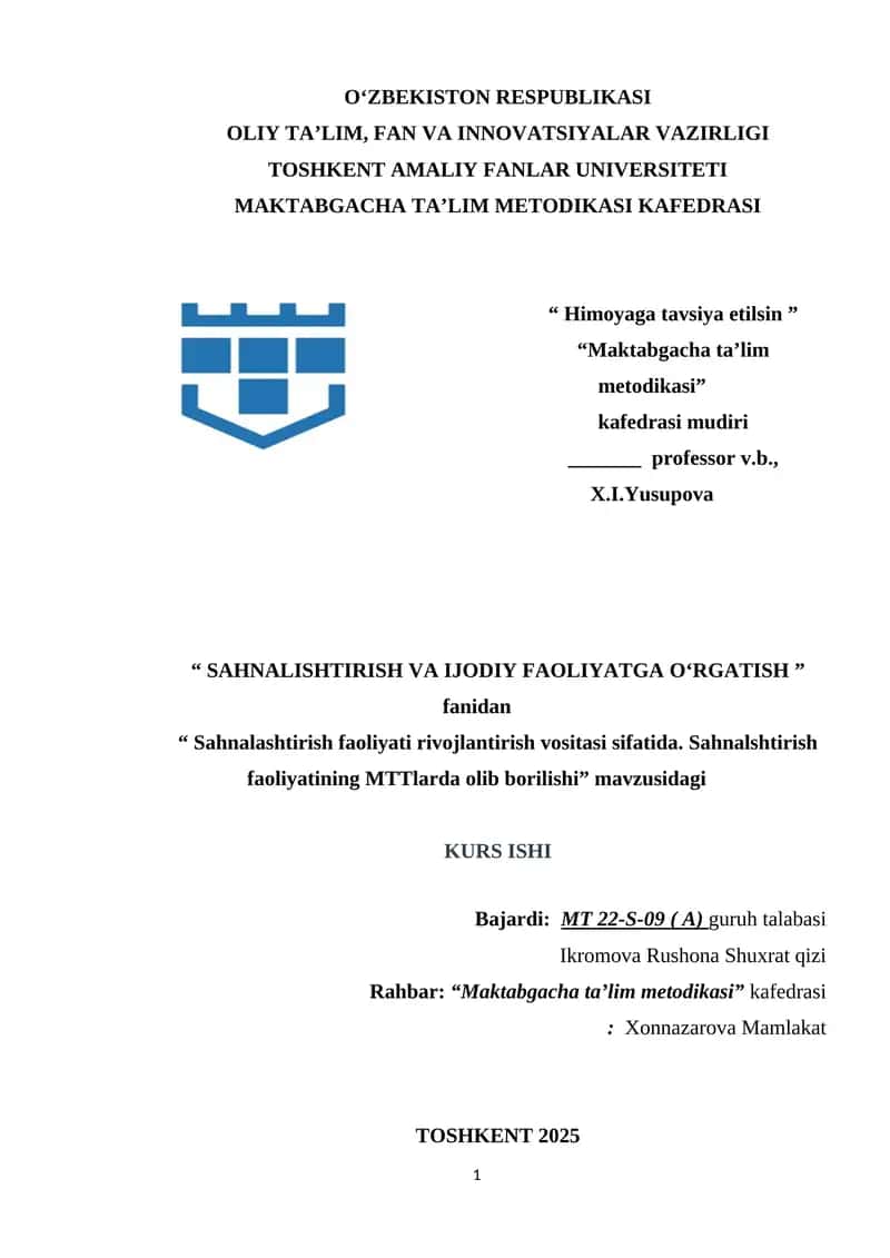 Sahnalashtirish faoliyati rivojlantirish vositasi sifatida. Sahnalshtirish faoliyatining MTTlarda olib borilishi