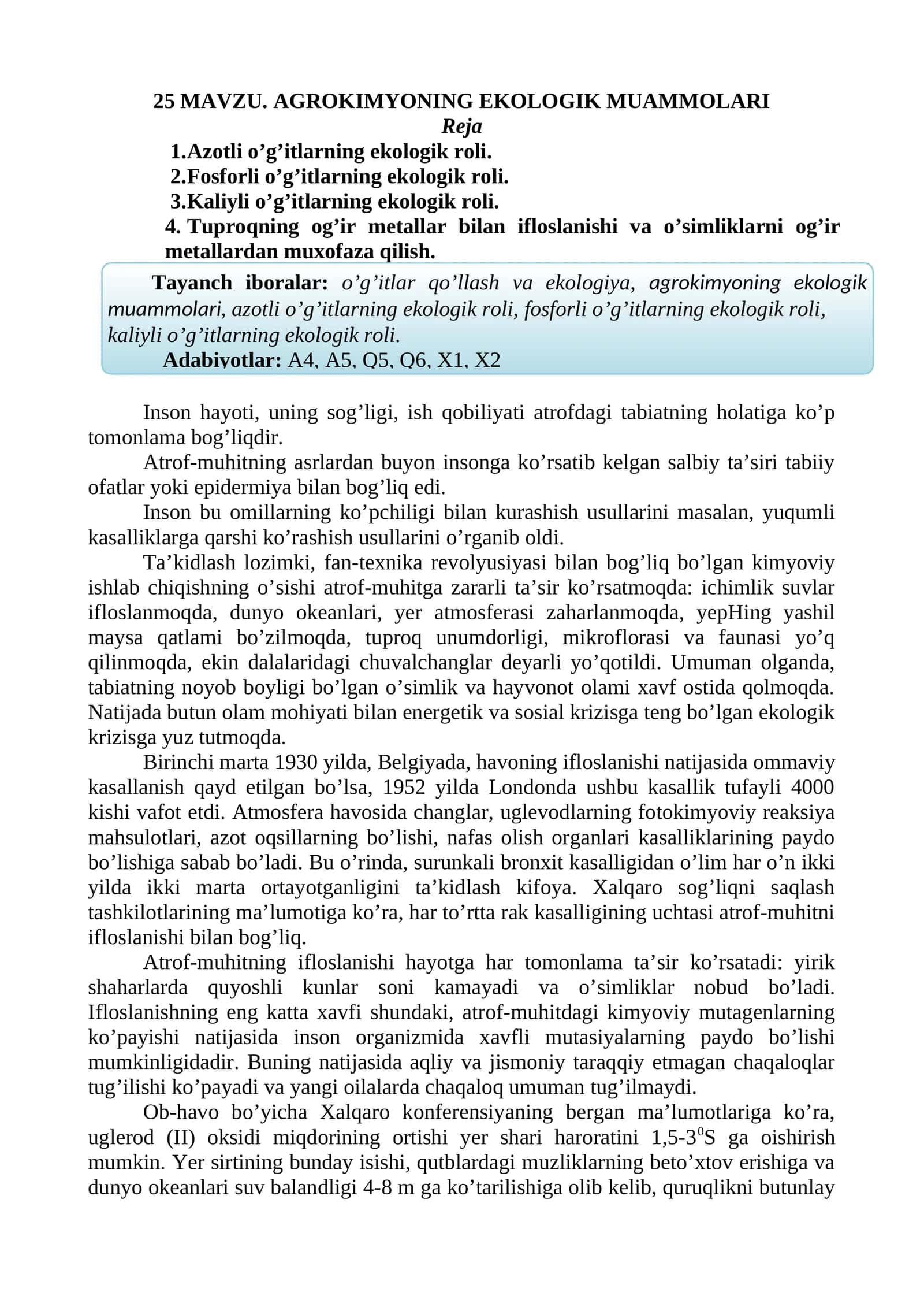 AGROKIMYONING EKOLOGIK MUAMMOLARI