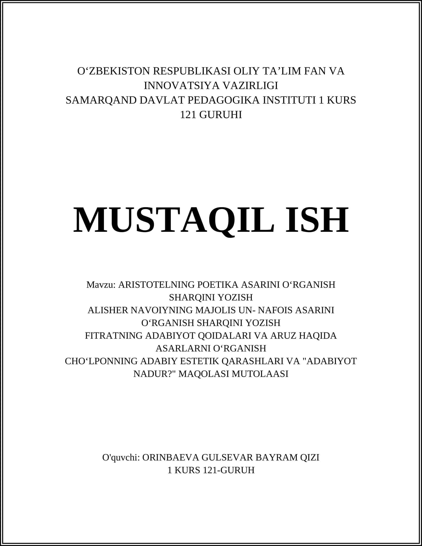 ARISTOTELNING POETIKA ASARINI OʻRGANISH SHARQINI YOZISH