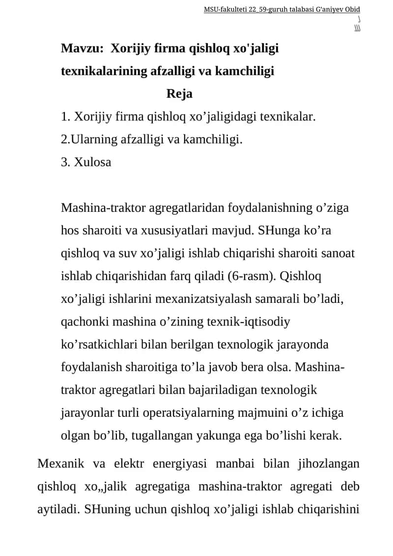 Xorijiy firma qishloq xo'jaligi texnikalarining afzalligi va kamchiligi