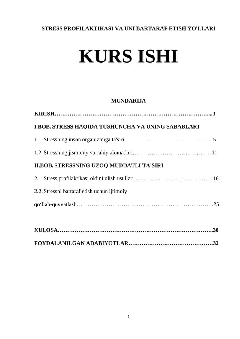 STRESS PROFILAKTIKASI VA UNI BARTARAF ETISH YO'LLARI