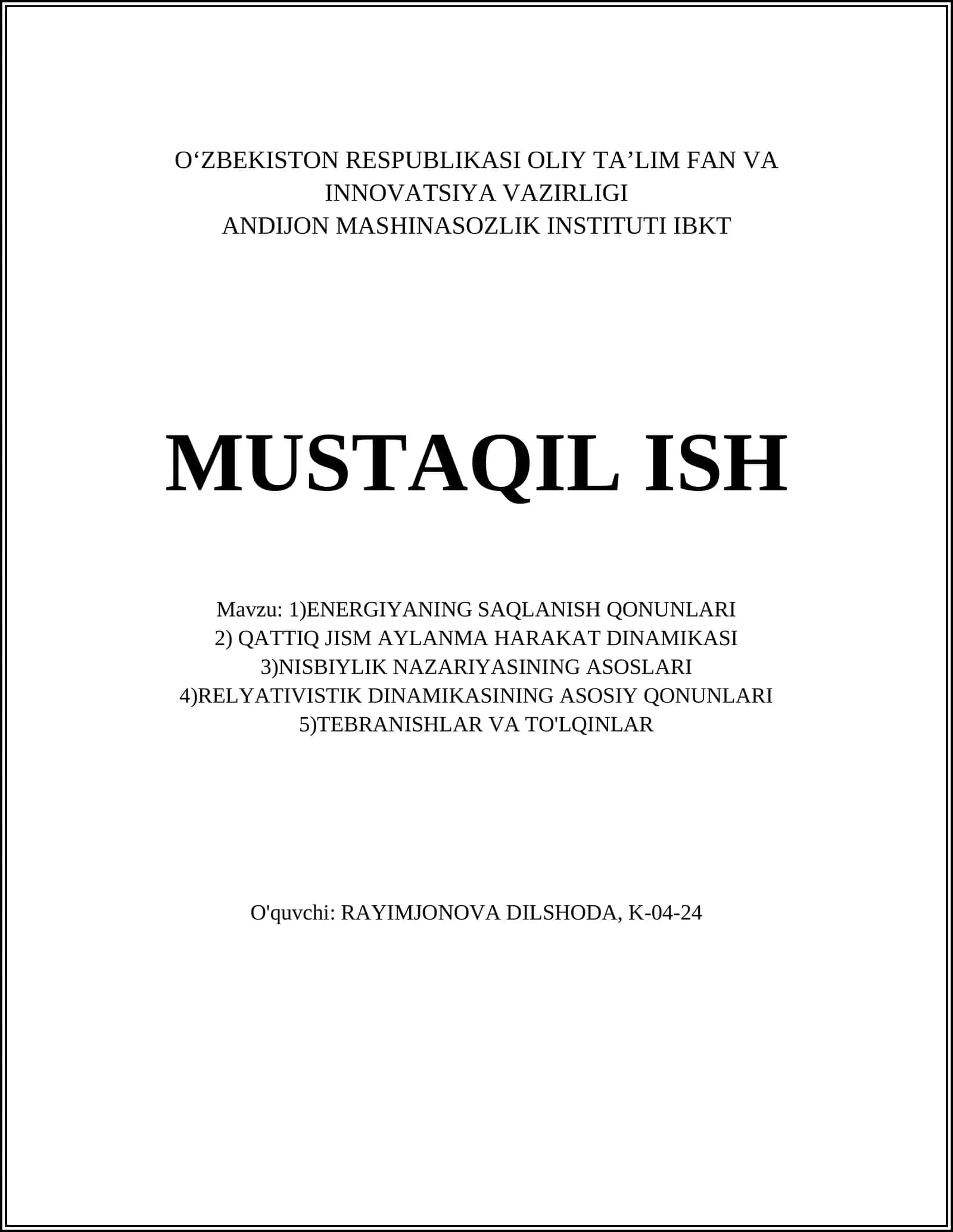 ENERGIYANING SAQLANISH QONUNLARI