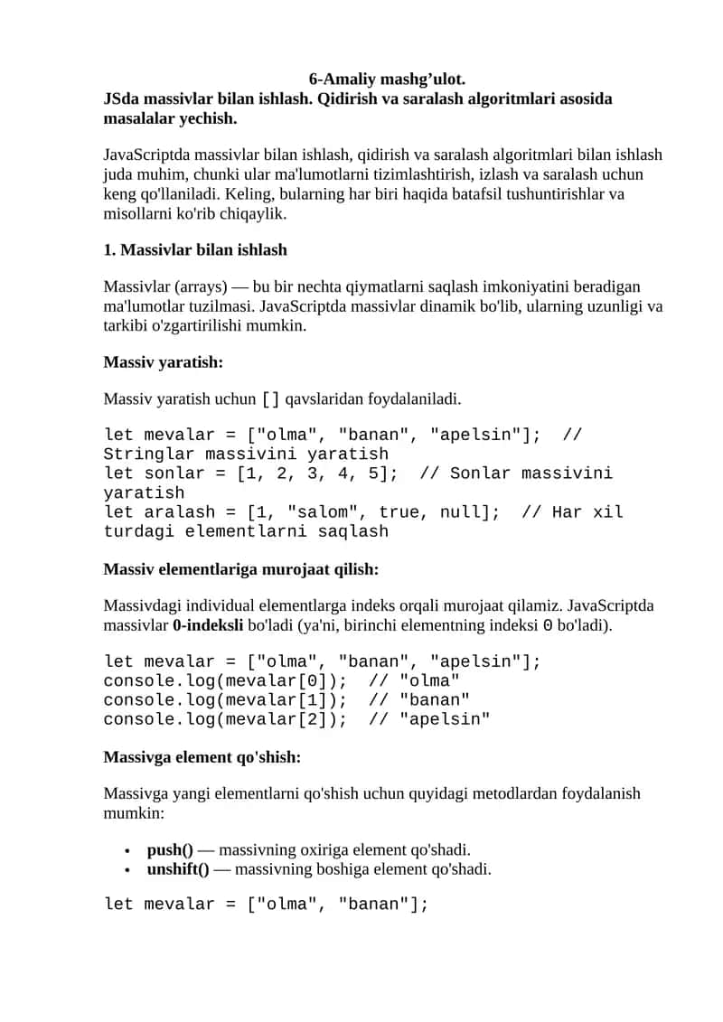 JavaScriptda massivlar bilan ishlash