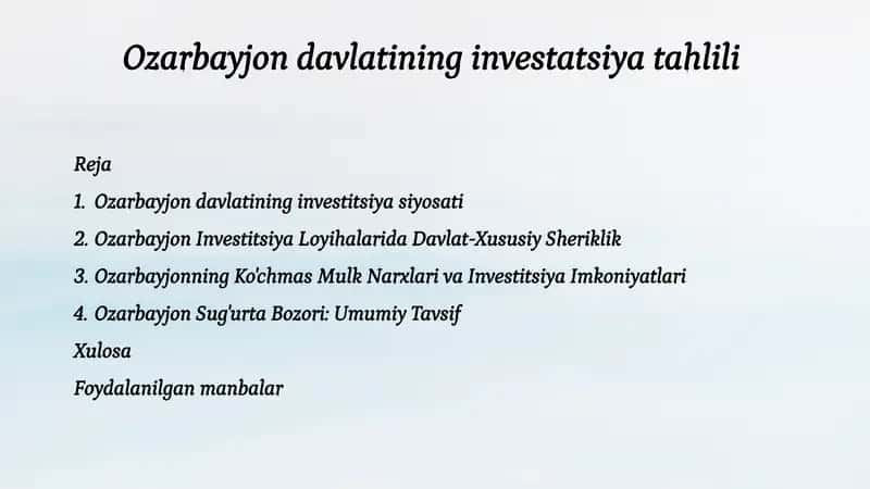 Ozarbayjon davlatining investatsiya tahlili