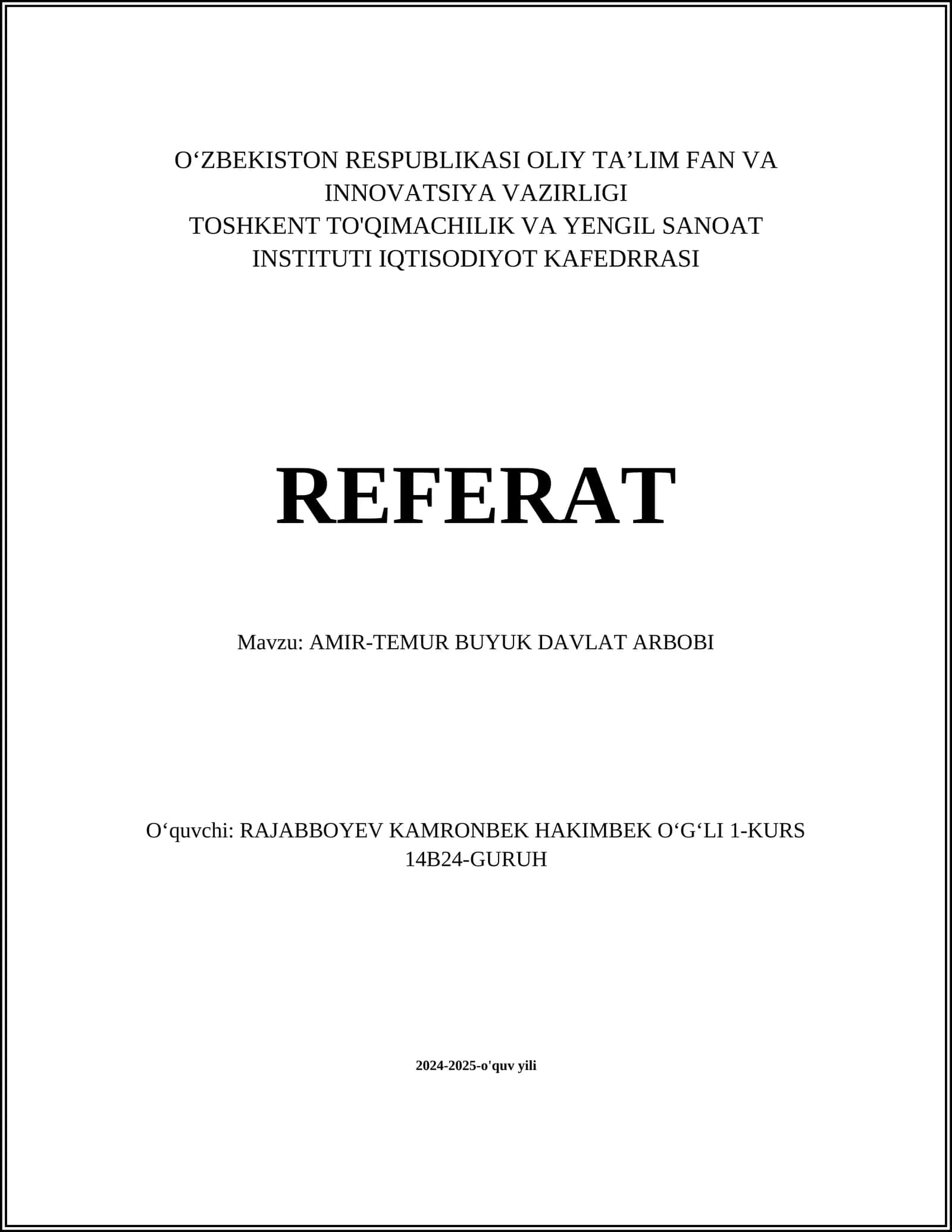 AMIR-TEMUR BUYUK DAVLAT ARBOBI