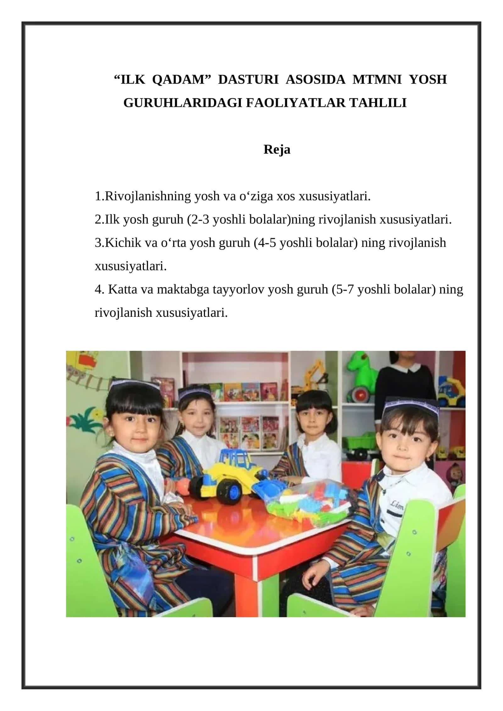 ILK QADAM DASTURI ASOSIDA MTMNI YOSH GURUHLARIDAGI FAOLIYATLAR TAHLILI
