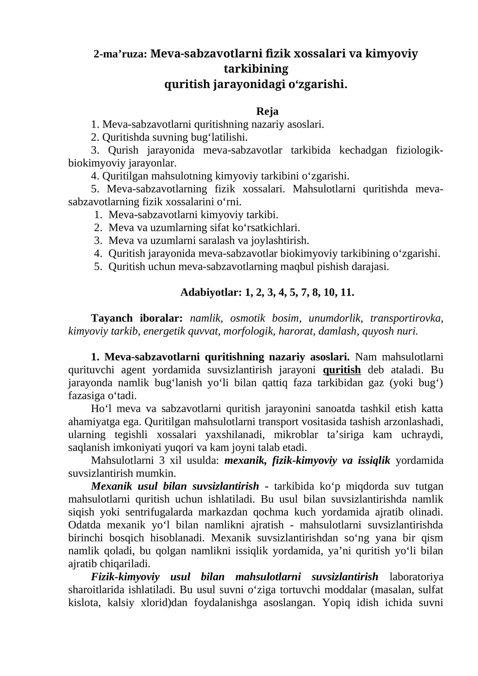 2-ma’ruza: Meva-sabzavotlarni fizik xossalari va kimyoviy tarkibining quritish jarayonidagi o‘zgarishi