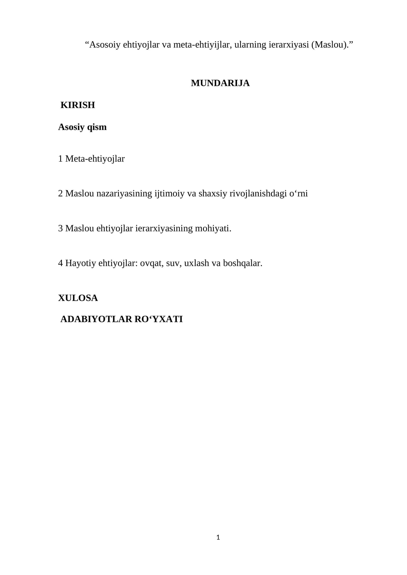 Asosoiy ehtiyojlar va meta-ehtiyijlar, ularning ierarxiyasi (Maslou)