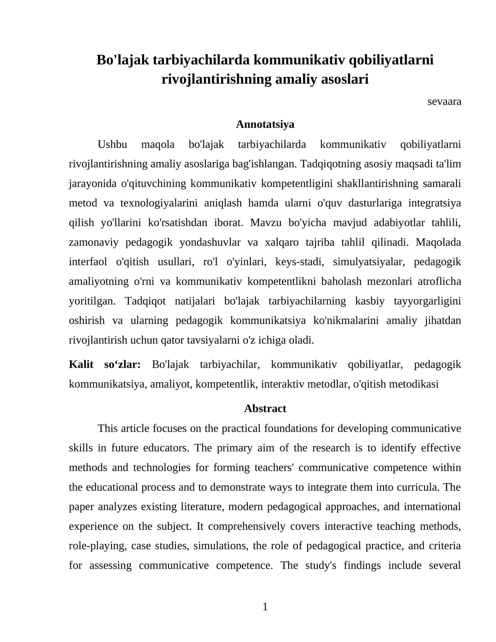 Bo'lajak tarbiyachilarda kommunikativ qobiliyatlarni rivojlantirishning amaliy asoslari