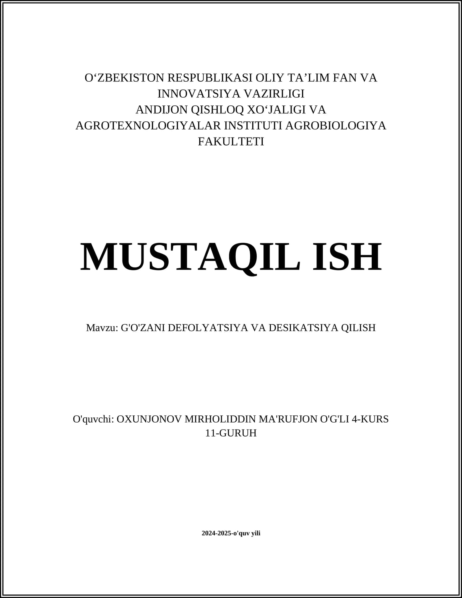 G'O'ZANI DEFOLYATSIYA VA DESIKATSIYA QILISH