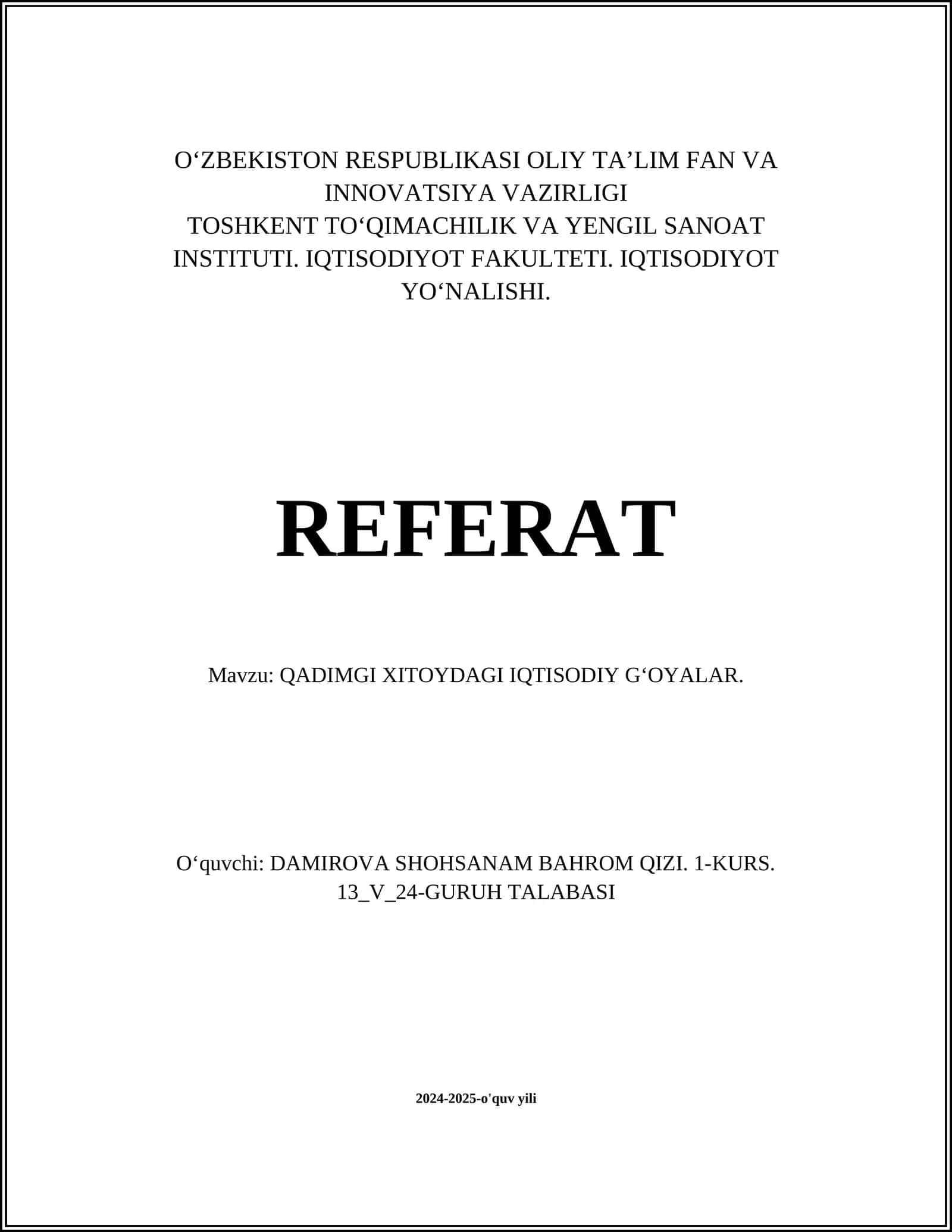 QADIMGI XITOYDAGI IQTISODIY GʻOYALAR